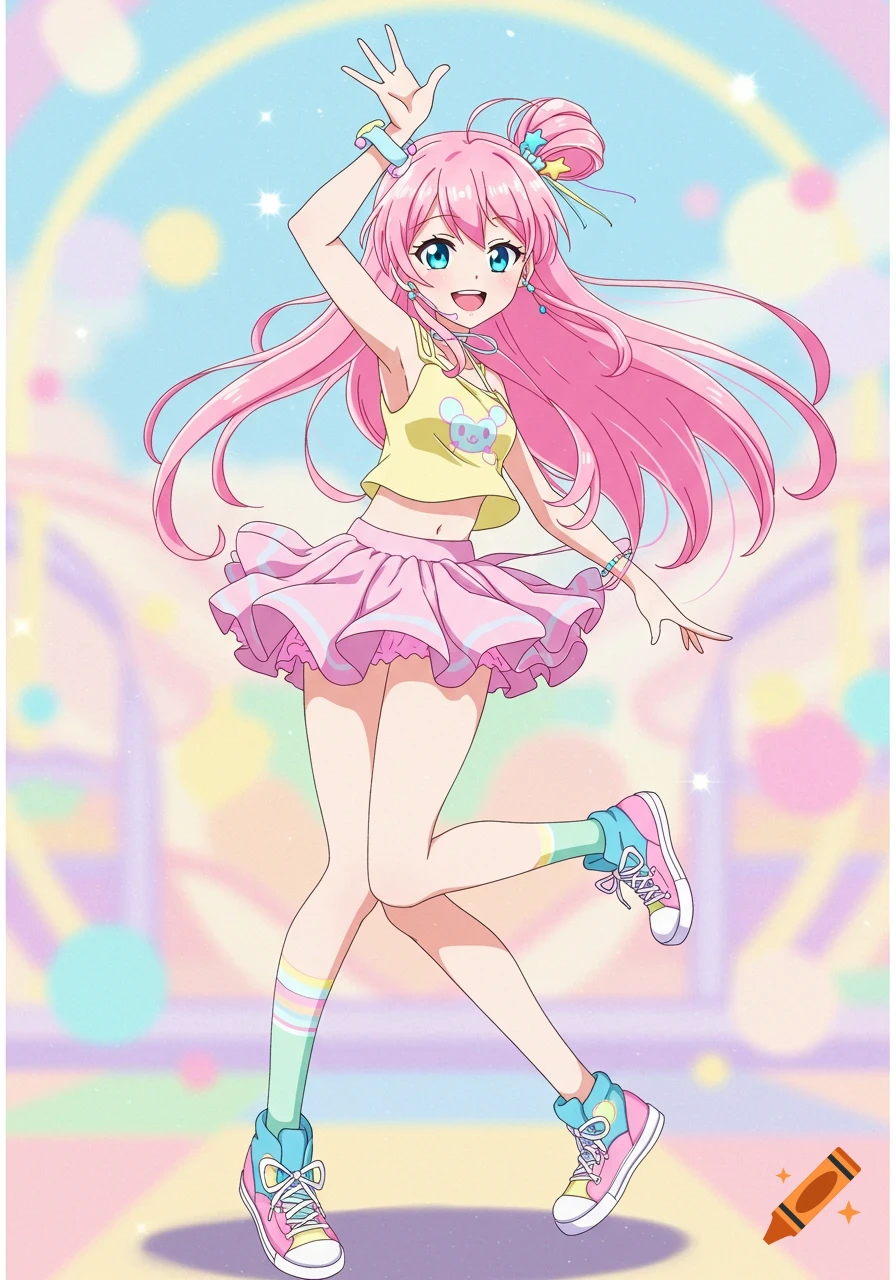 An anime girl with pink hair and a pink skirt dances happily in a colorful, pastel setting.