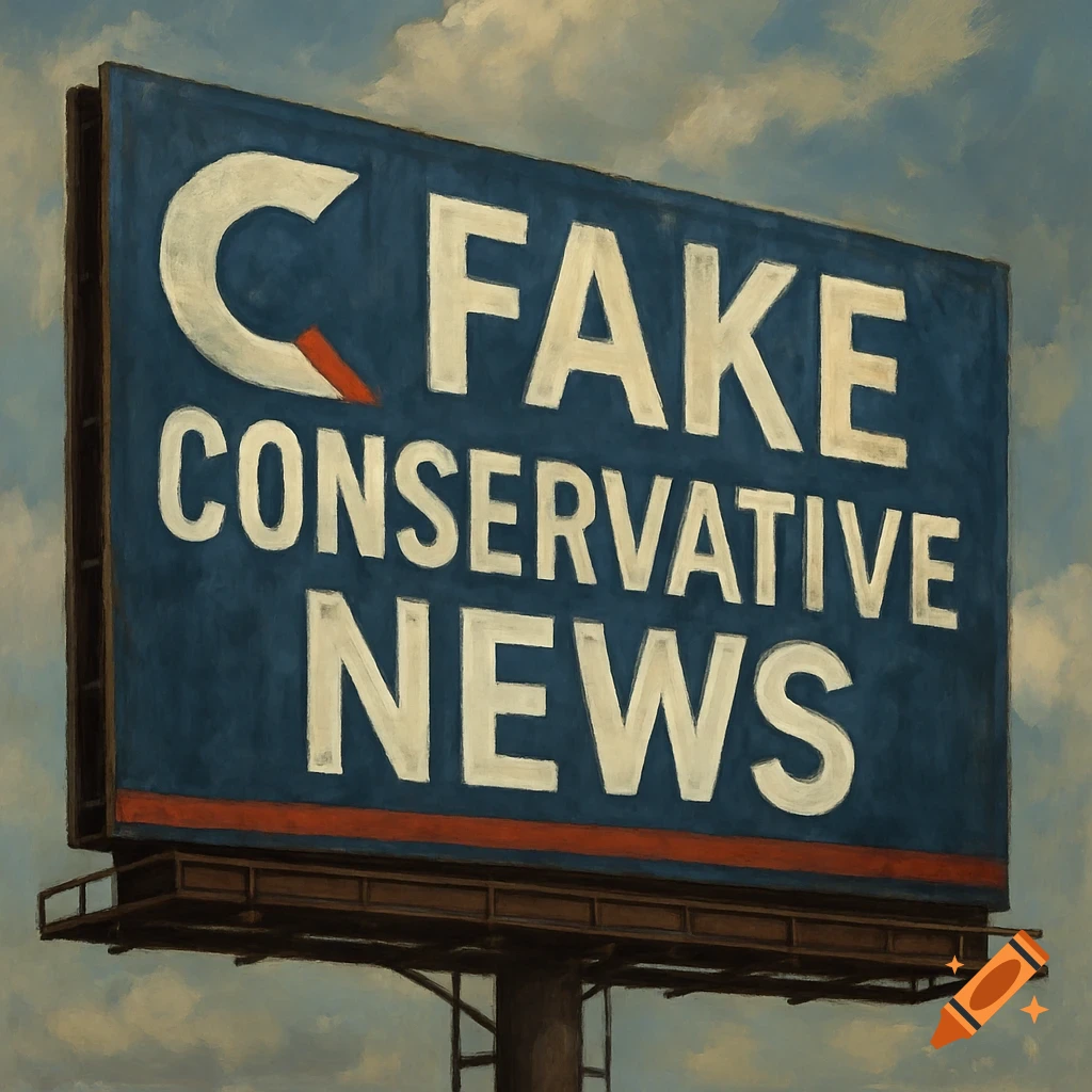 A painting of a blue billboard with white text reading "C FAKE CONSERVATIVE NEWS" against a cloudy sky.