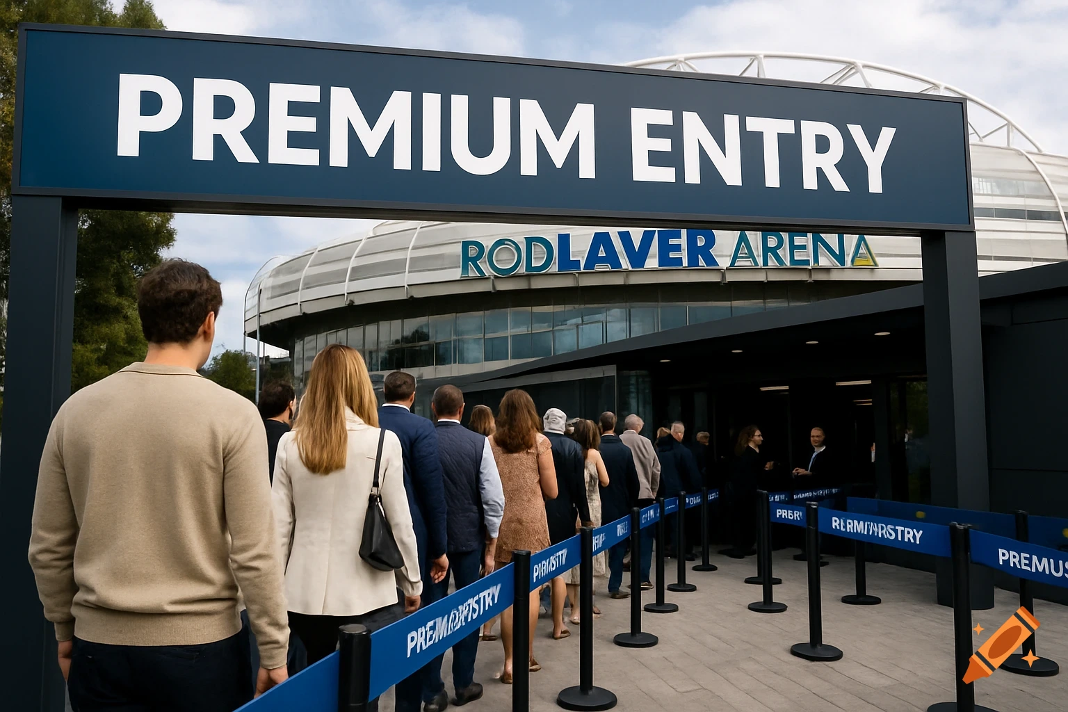 People queueing in a 'Premium Entry' lane outside Rod Laver Arena under a blue sign.