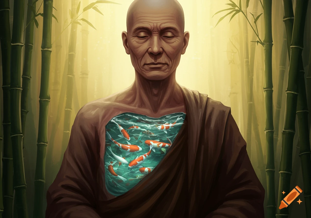 An artistic illustration of a meditating monk with koi fish swimming in a pond within his open chest, set in a bamboo forest.