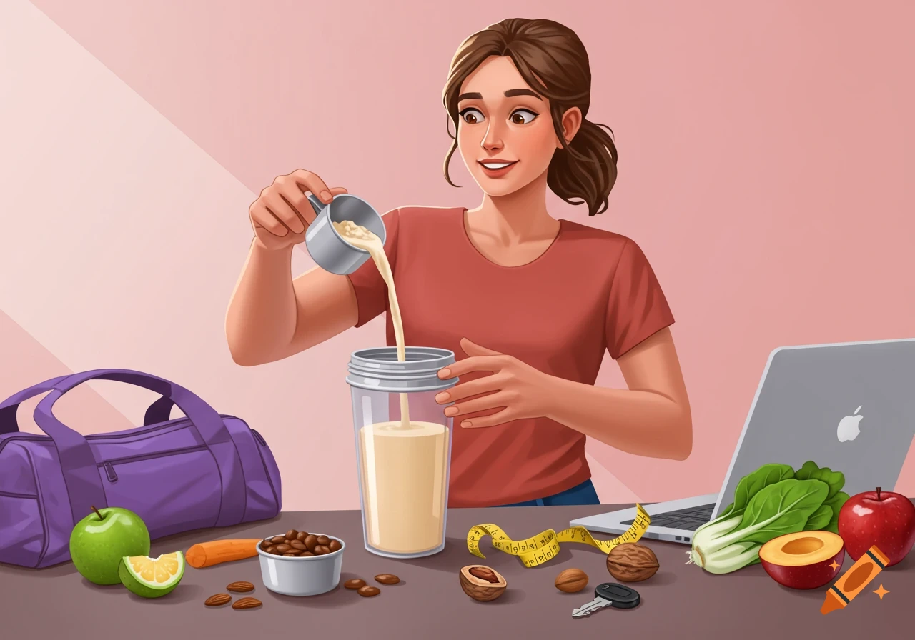 A cartoon woman pours powder into a protein shaker, surrounded by healthy foods, a gym bag, and a laptop.