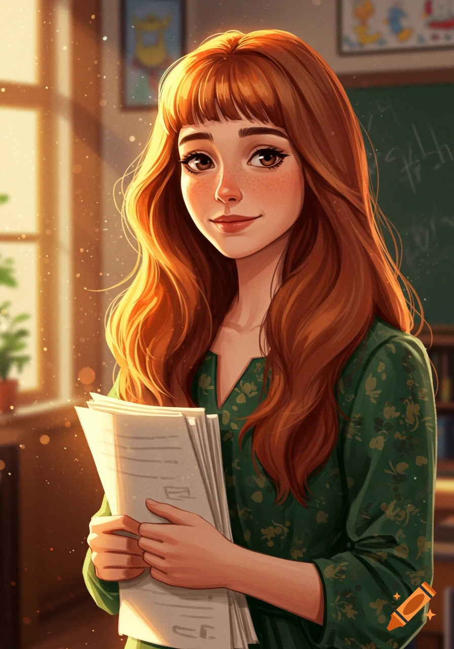 Animated woman with red hair and freckles holding papers in a sunny classroom, smiling, in a detailed illustration style.