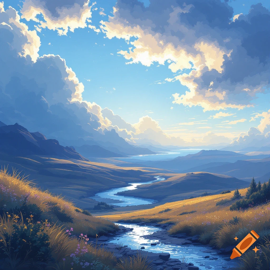 A vibrant landscape with a winding river flowing through grassy hills towards distant mountains under a blue sky with fluffy clouds.
