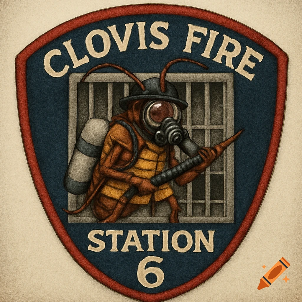 Illustrated patch for Clovis Fire Station 6 featuring a cockroach firefighter in an SCBA and gas mask behind jail bars.
