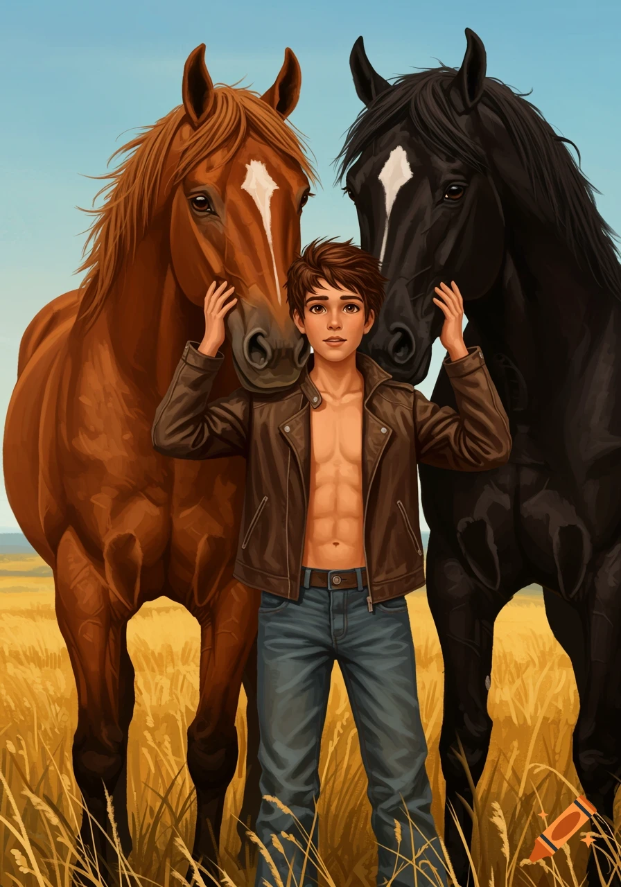 A stylized digital illustration of a teenage boy with an open leather jacket standing between a brown horse and a black horse in a grassy field.
