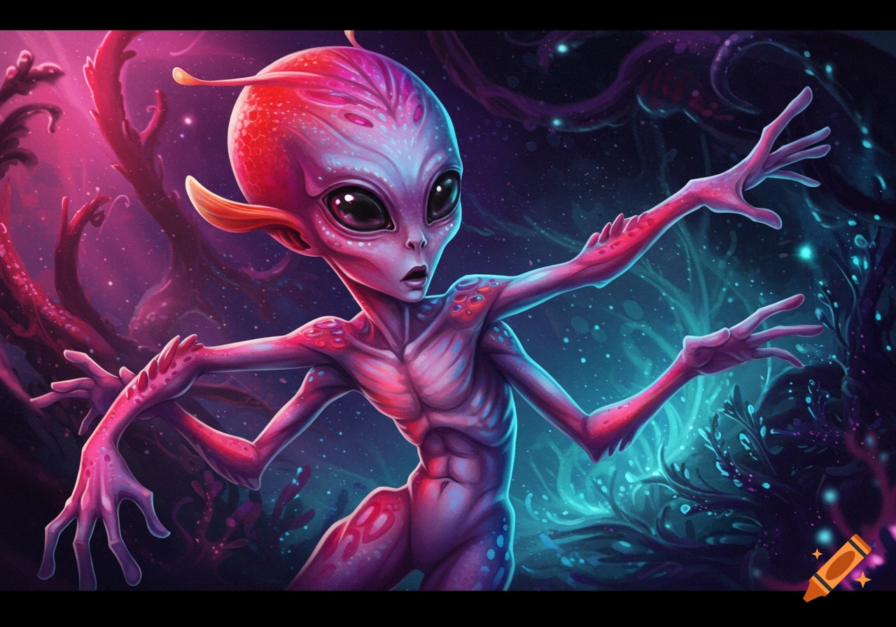 A slender, pink and purple alien with large eyes stands with outstretched arms in a vibrant, cosmic environment with glowing flora.