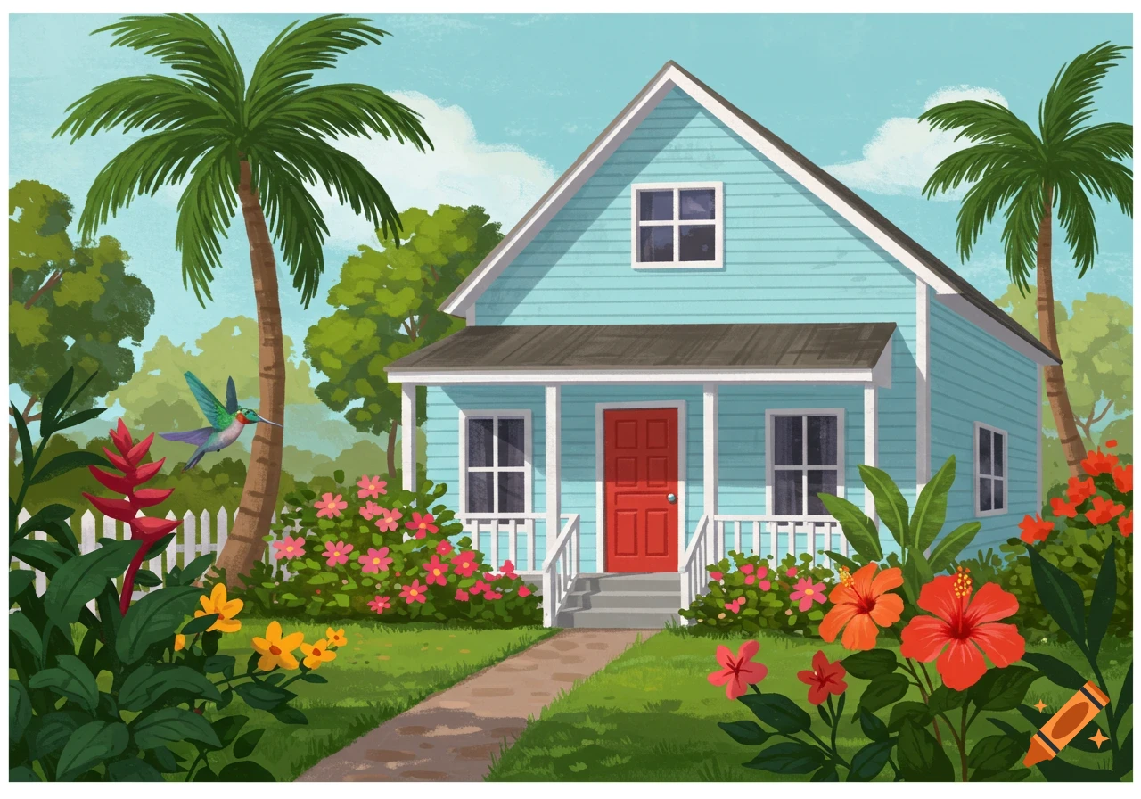 A light blue house with a red door nestled in a vibrant tropical garden with palm trees, colorful flowers, and a hummingbird.