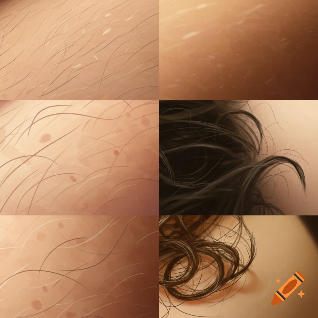 Grid of close-up panels showing different types of hair on human skin, including fine body hair and darker, curly hair.