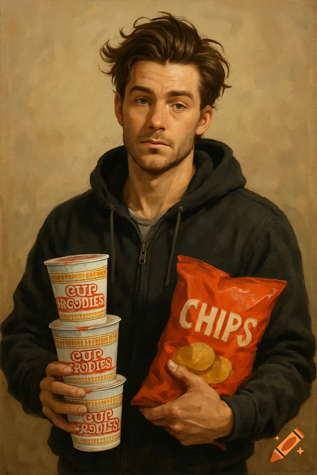 Painting of a man with messy hair wearing a hoodie, holding a stack of instant ramen cups and a bag of chips.