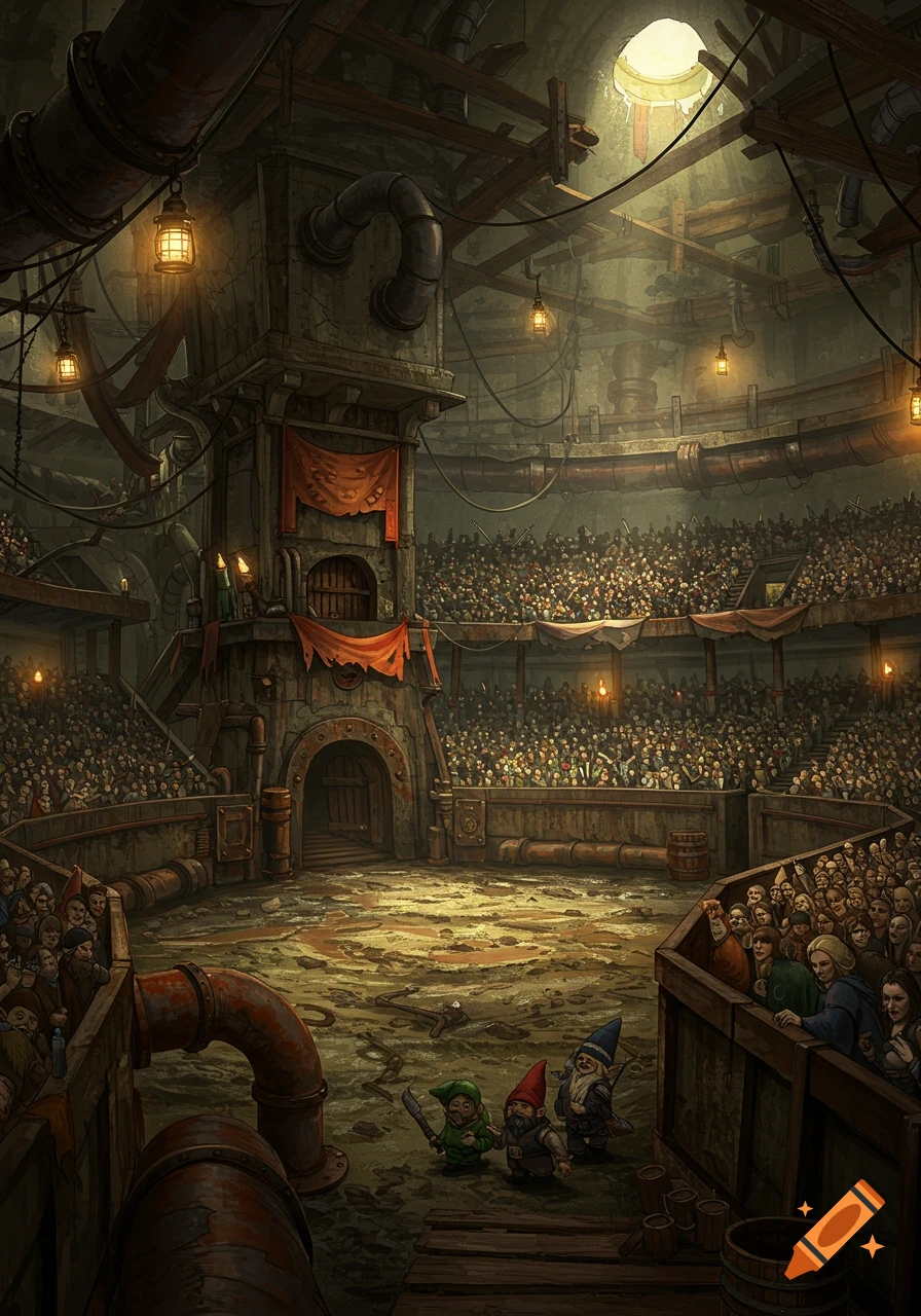 A vast, dark, industrial-style arena packed with a cheering crowd, with three small gnomes standing in the muddy center.