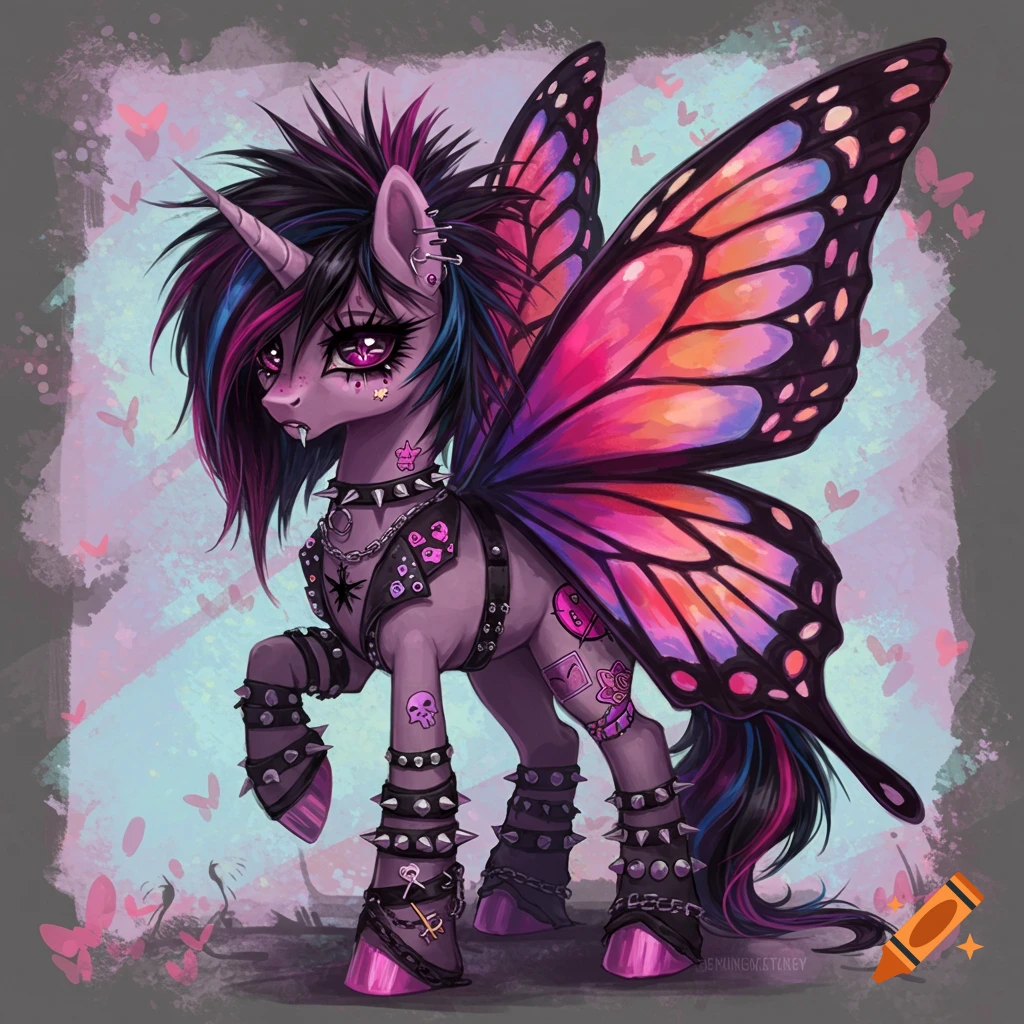 A dark purple emo-style unicorn with spiky hair, piercings, studded harness, and large orange and pink monarch butterfly wings. Stylized digital art.