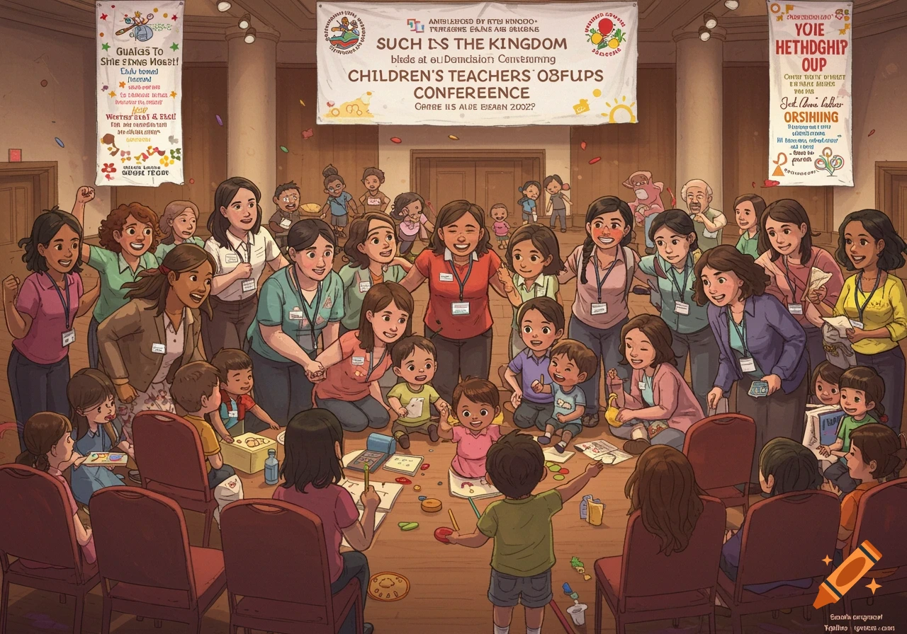 A cartoon illustration of a lively children's teachers conference with many adults and children interacting in a large room, some sitting on the floor.
