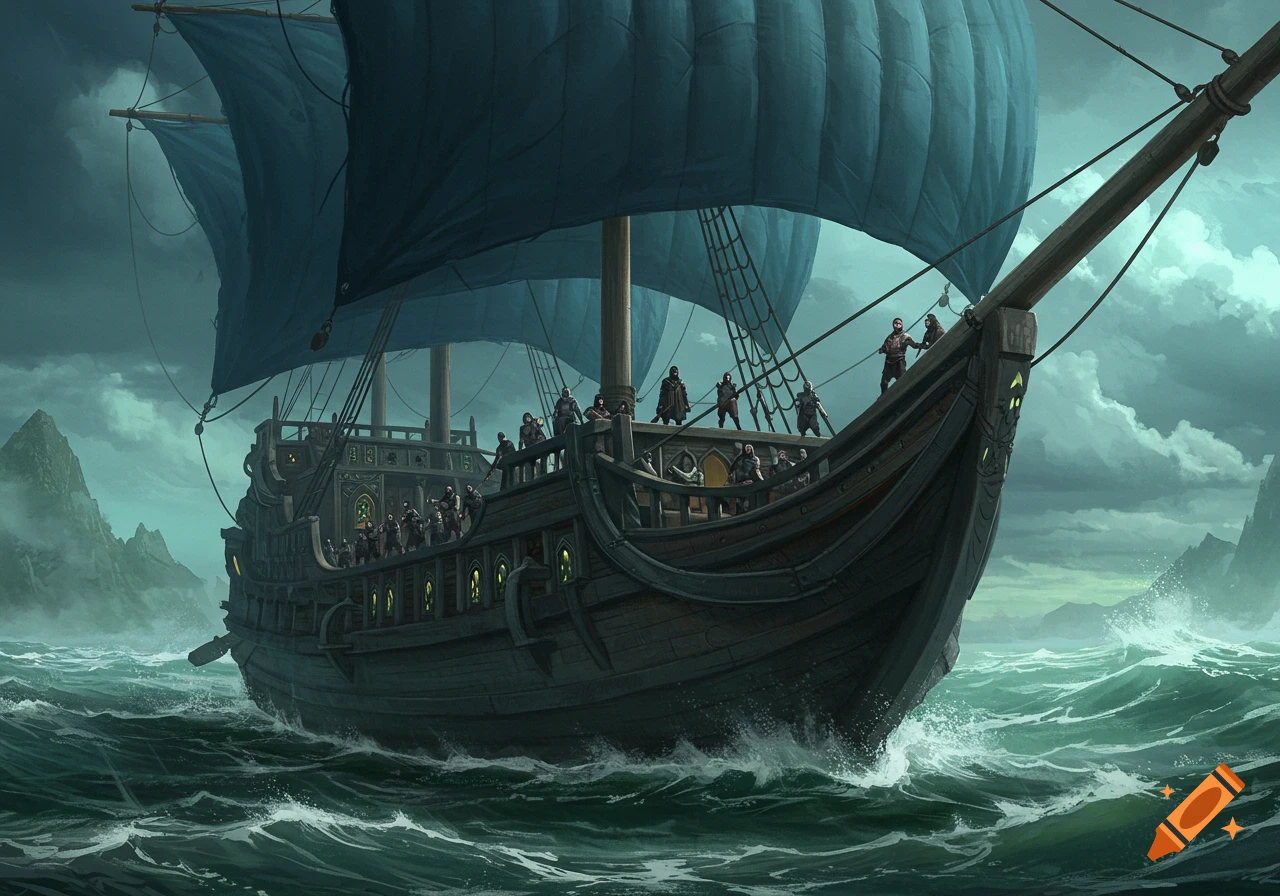 A large, dark fantasy ship with blue sails sails through rough, dark green waters under a stormy sky, carrying a crew of figures.