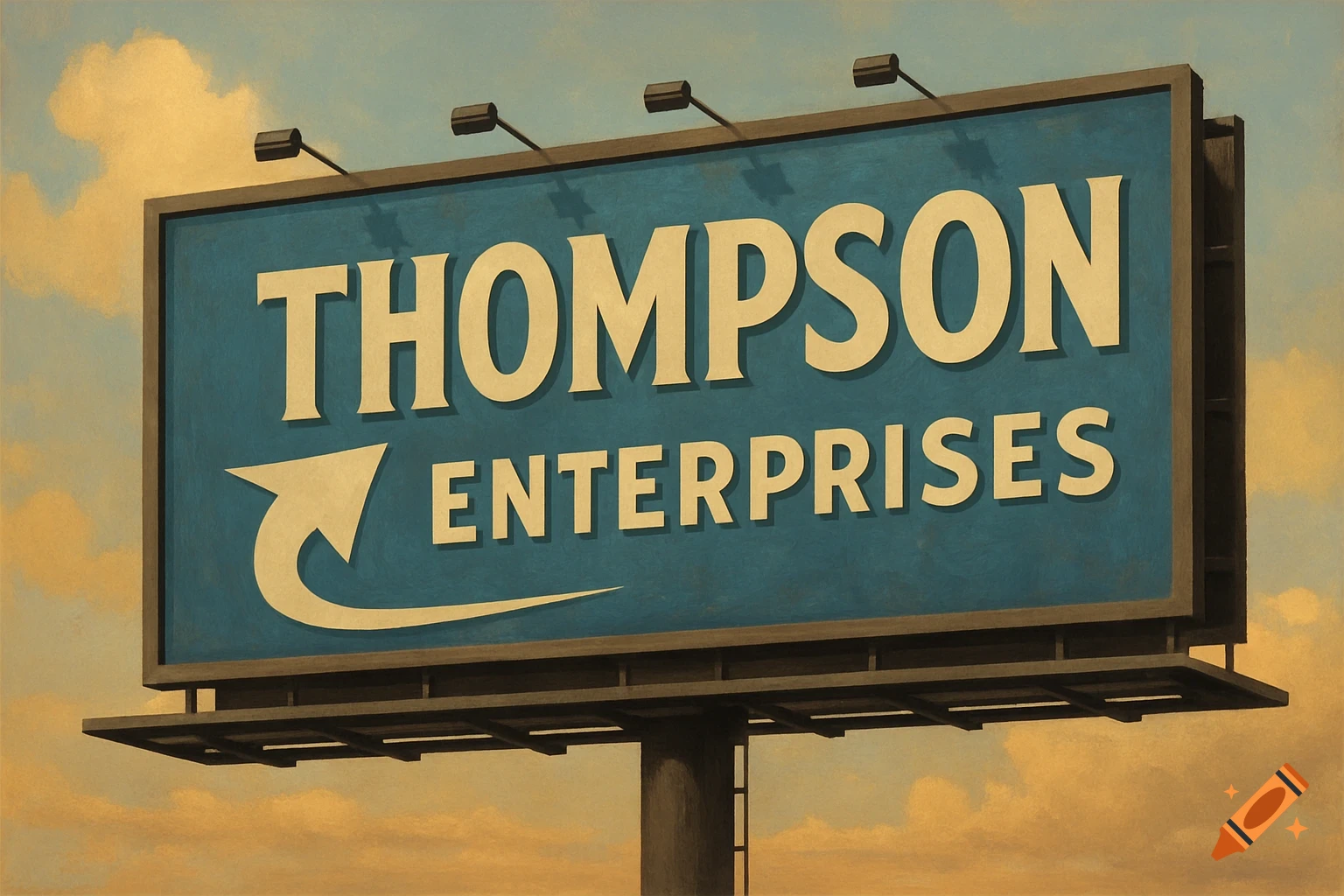 A vintage-style billboard displaying "THOMPSON ENTERPRISES" with an arrow on a blue background against a cloudy sky.