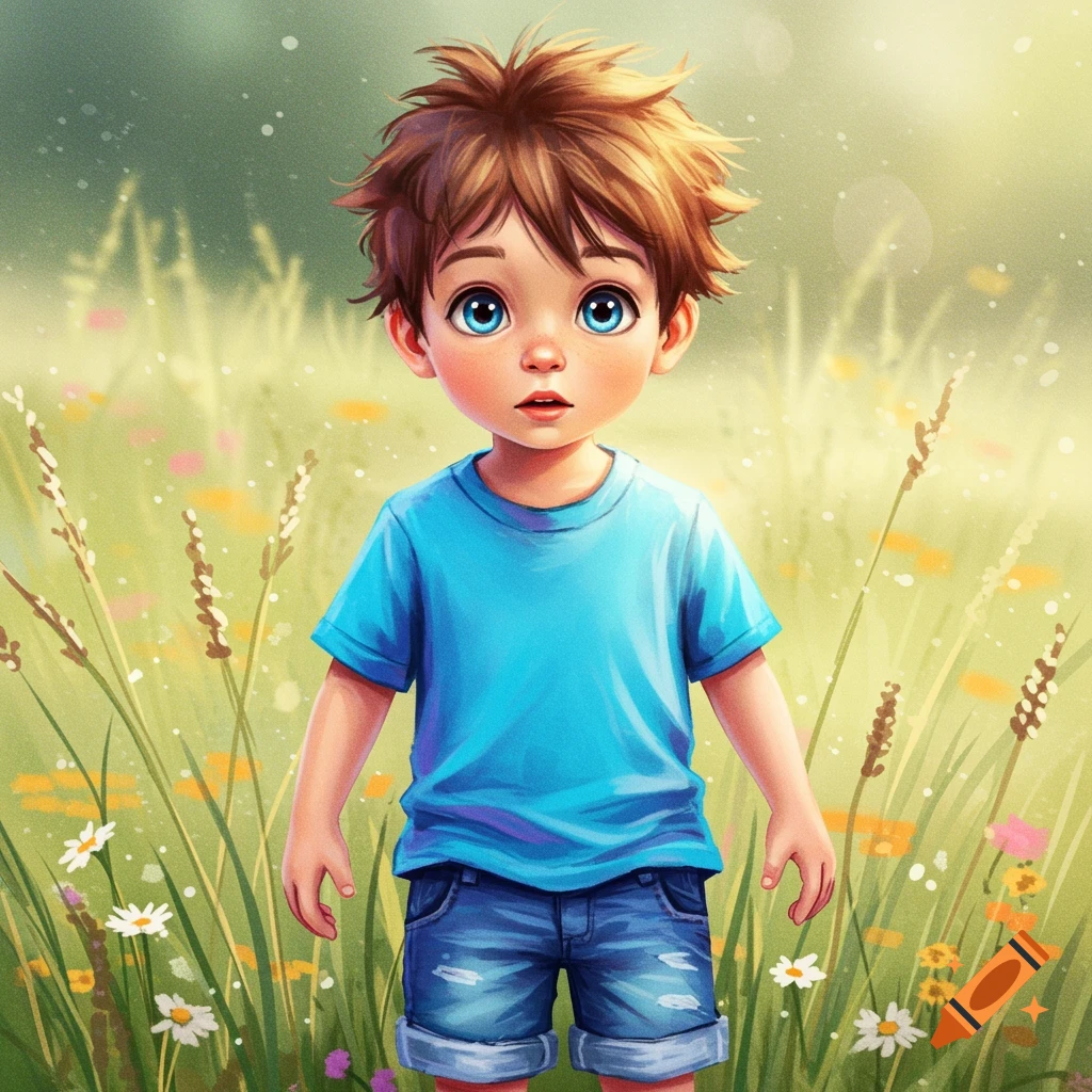 A cute cartoon boy with blue eyes and messy brown hair, wearing a blue shirt and jean shorts, stands in a sunny field of green grass and wildflowers.