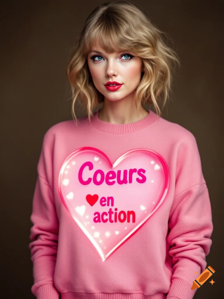 Taylor Swift wearing a pink sweater with a glowing heart design featuring the words 'Coeurs en action' and a red heart.