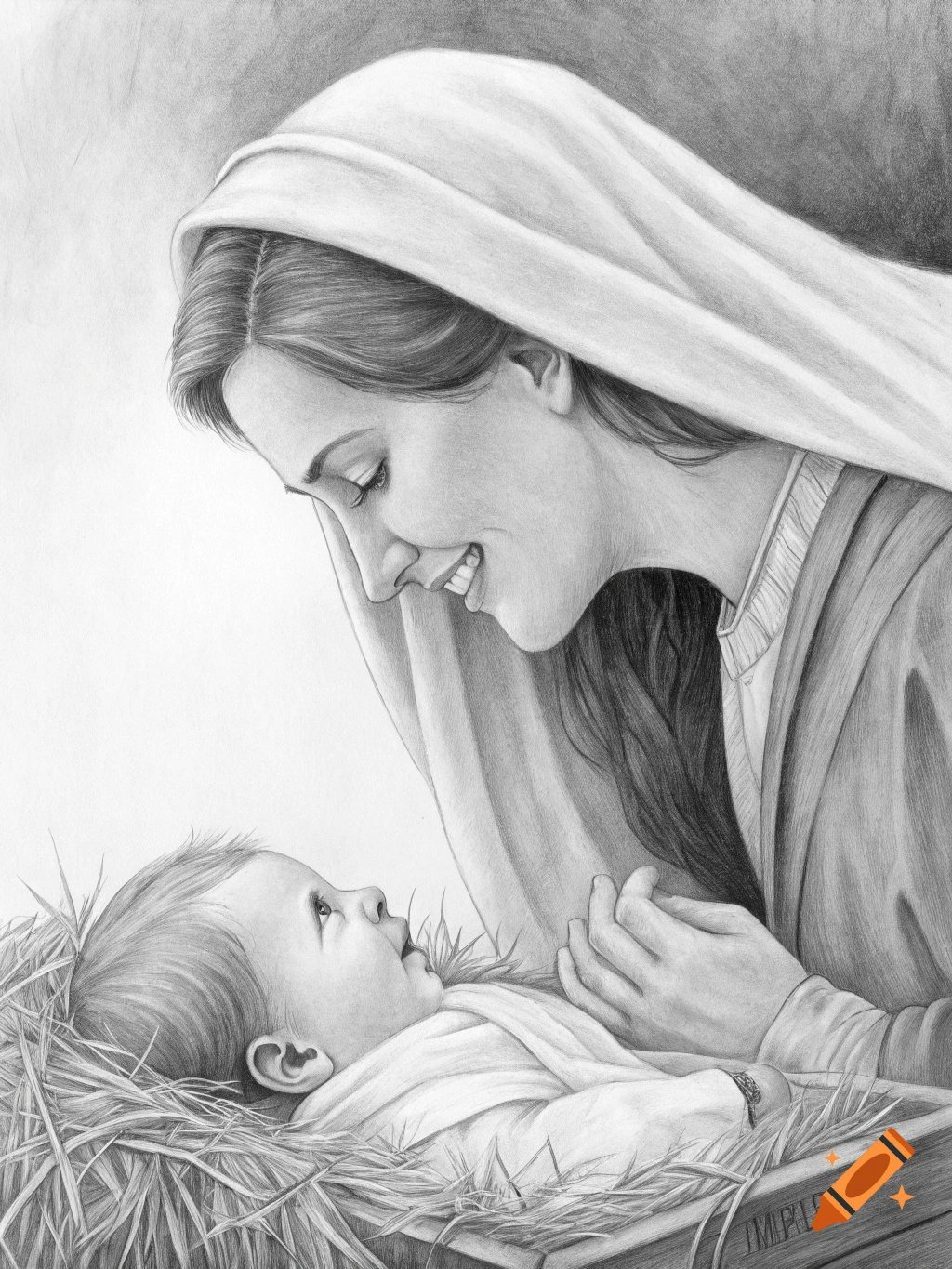 A pencil drawing of Mary smiling down at baby Jesus in a manger filled with straw.