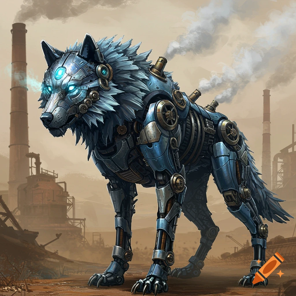 A detailed mechanical wolf with glowing blue eyes stands in an industrial, steampunk setting with factory chimneys.