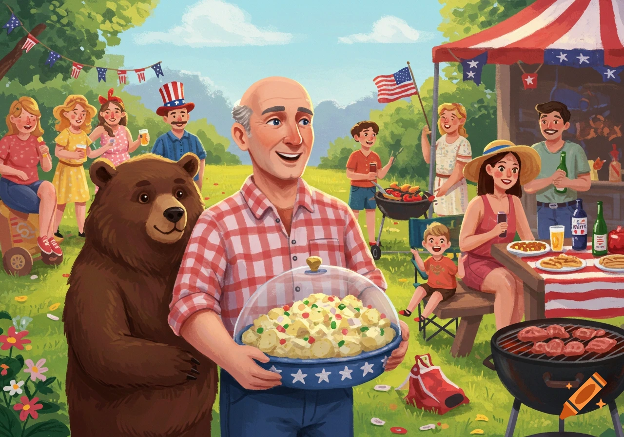 An outdoor Fourth of July barbecue with a bald man holding a bowl of potato salad, a bear beside him, and a family gathered around a grill and picnic table. An American flag is in the background.