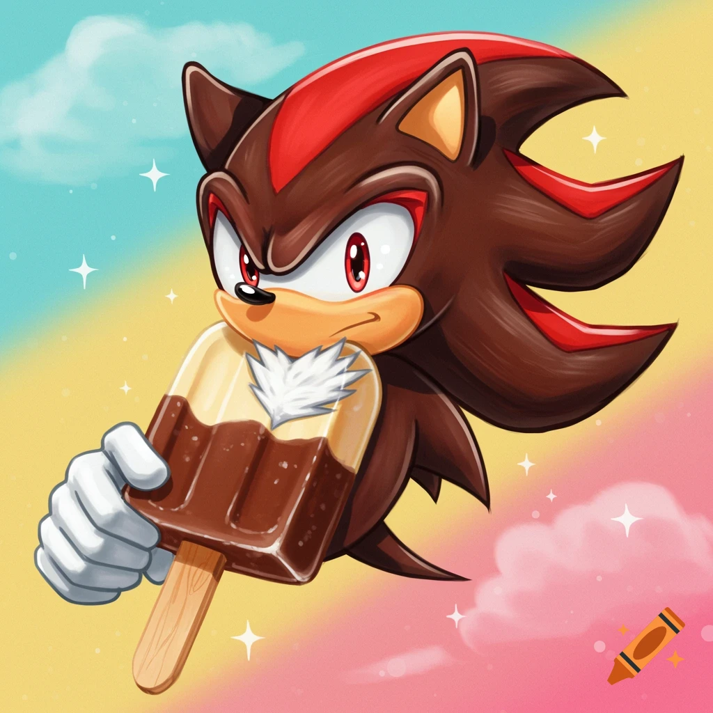 Shadow the Hedgehog holds a chocolate and vanilla popsicle with a gumball eye, set against a vibrant pastel sky.