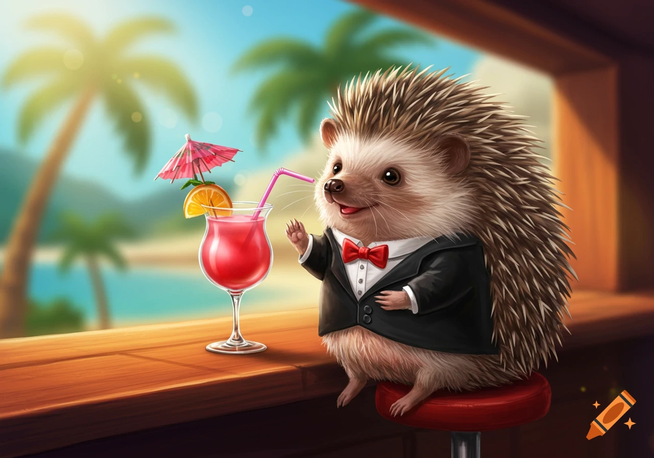 A cute cartoon hedgehog in a tuxedo drinks a red cocktail at a beach bar.