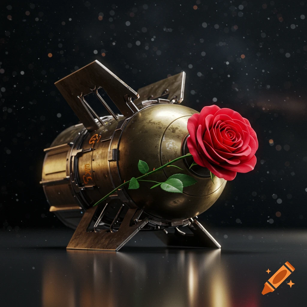 A stylized 3D render of a brass-colored bomb with a red rose growing out of its side, against a dark, starry background.