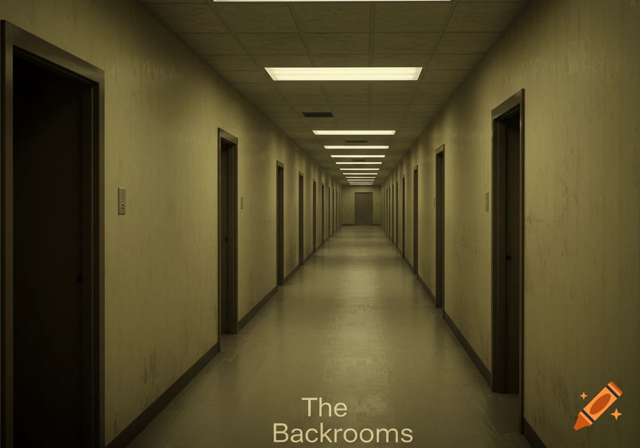 A long, empty, unsettling hallway with yellow walls and many doors, lit by fluorescent lights, text reads 'The Backrooms'.