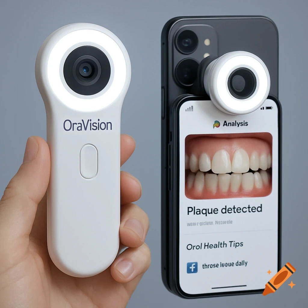 A person holds a white OraVision dental device next to a smartphone with a similar device attached. The phone screen displays an image of teeth, showing 'Plaque detected' and 'Orol Health Tips'.