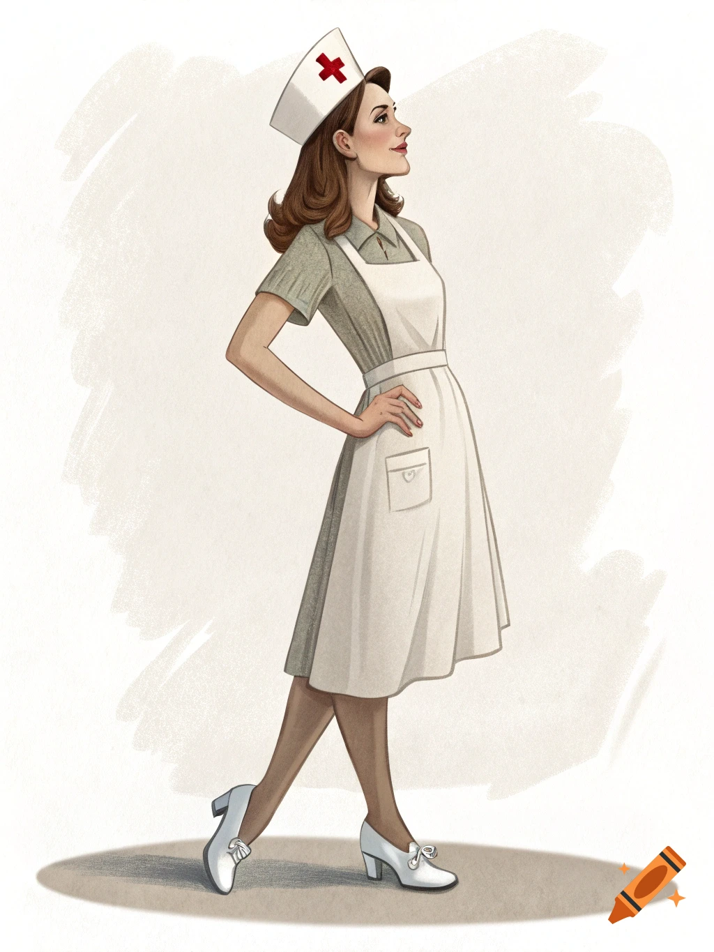A stylized illustration of a confident nurse in a vintage uniform, including a white dress, apron, and cap with a red cross, standing with hands on hips.