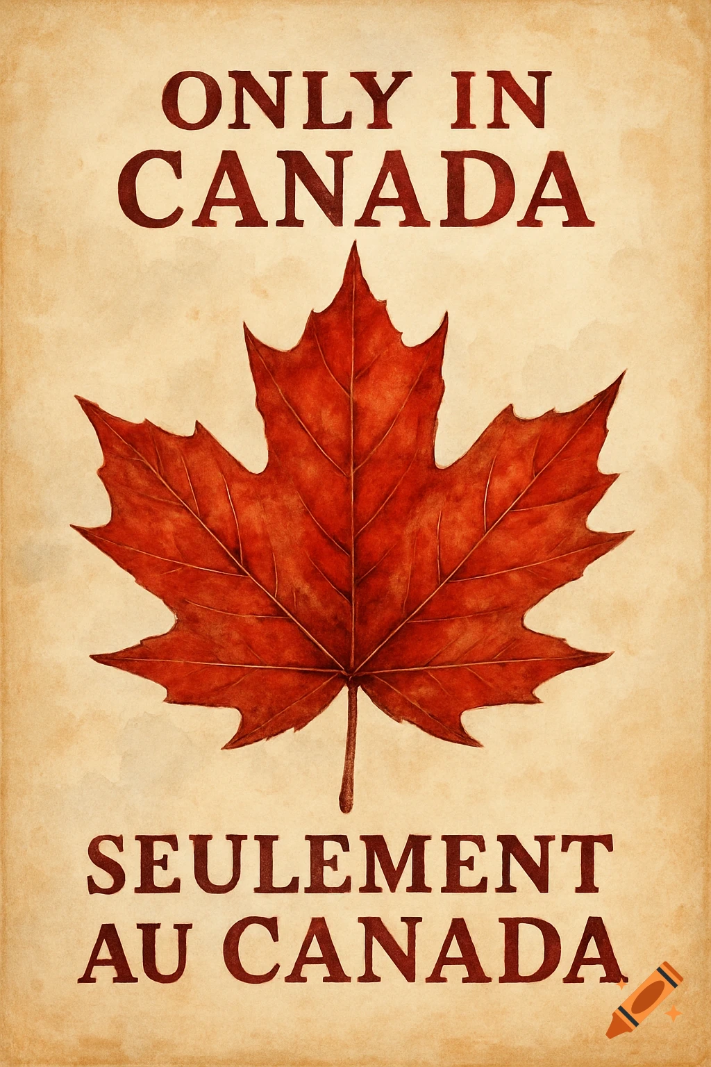 A vintage-style poster with a red maple leaf and the text 'ONLY IN CANADA' and 'SEULEMENT AU CANADA'.