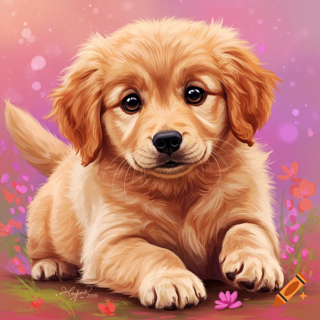 A cute, fluffy golden retriever puppy with big dark eyes, set against a soft pink and purple illustrated background with flowers.