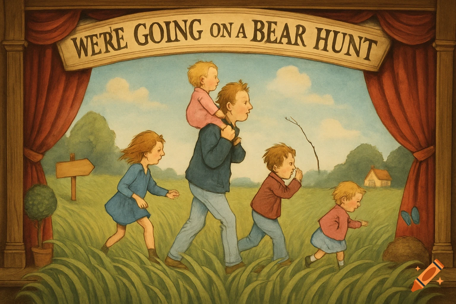 A family, including a father carrying a child and three other children, walks through tall green grass under a banner reading 'WE'RE GOING ON A BEAR HUNT', in a children's book illustration style.