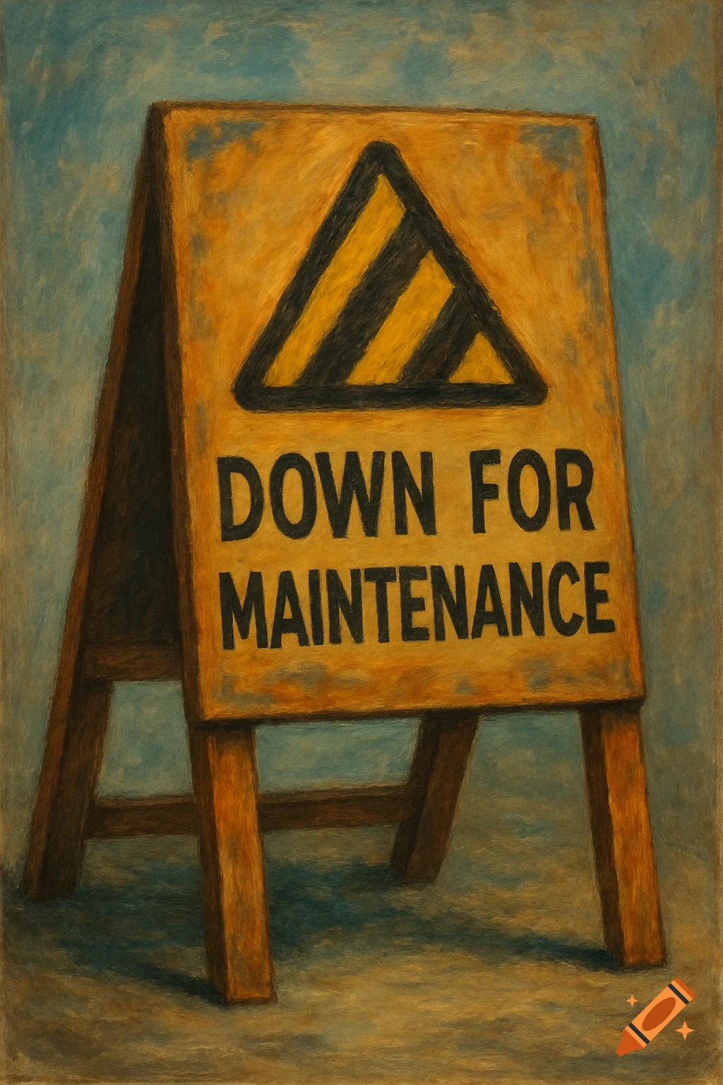 A yellow A-frame warning sign reads "DOWN FOR MAINTENANCE" with a striped triangle symbol, rendered in a textured, painterly style.