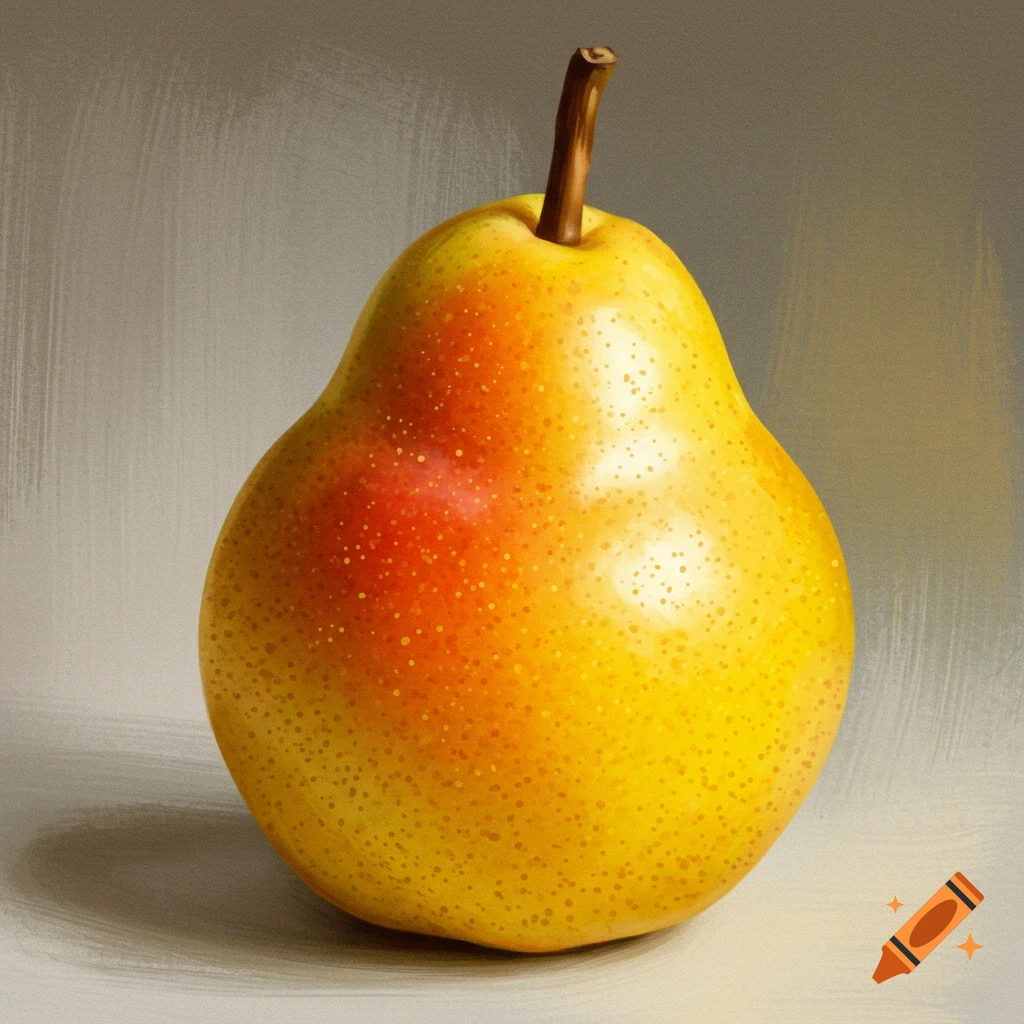 A close-up digital painting of a yellow and red pear with a brown stem, casting a shadow on a light grey background.