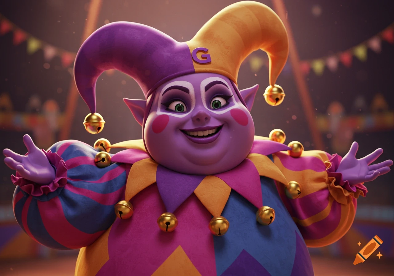A smiling, plump purple cartoon jester in a colorful harlequin suit and hat with a 'G' on it, against a blurred circus background.
