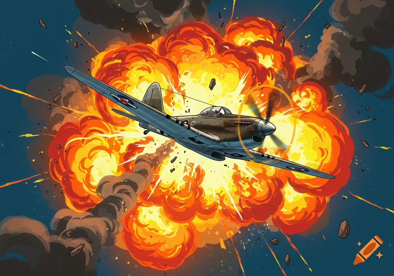 A cartoon-style military airplane flies away from a large, fiery explosion.