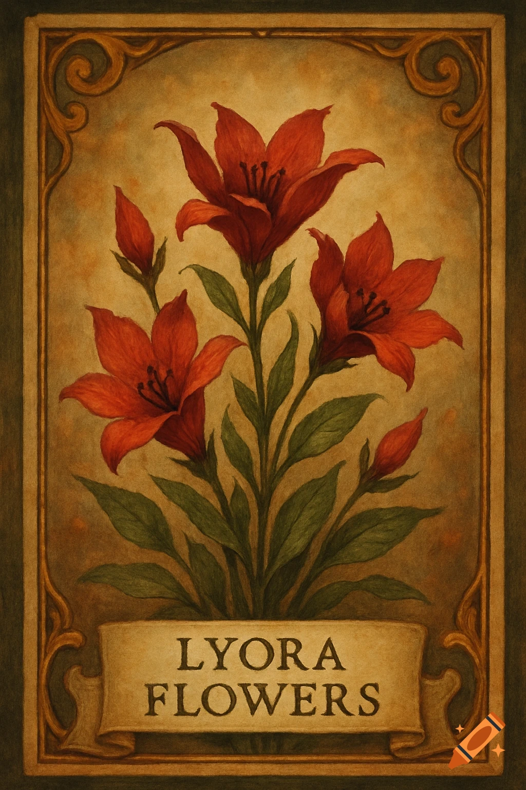 Vintage card design with red lily flowers and green leaves in an ornate frame, with 'LYORA FLOWERS' on a banner.