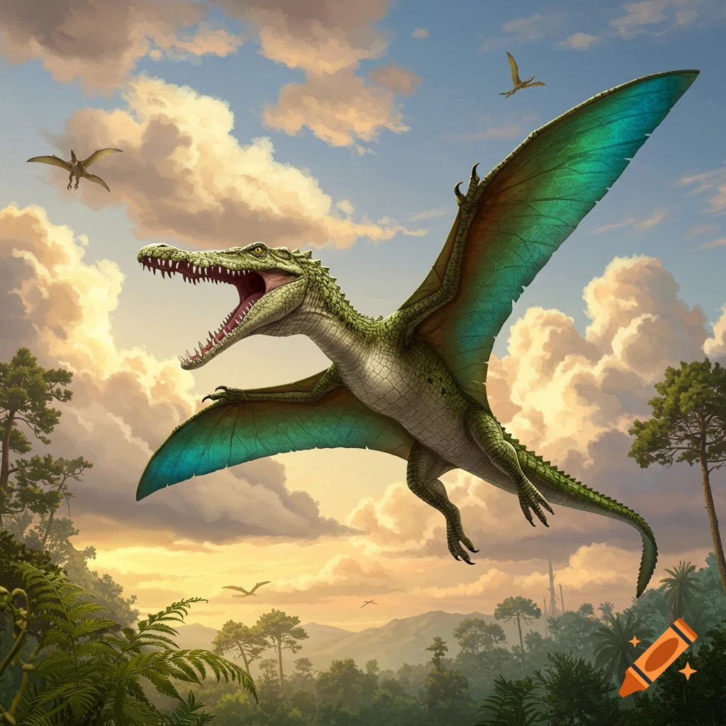 A large green flying crocodile-dinosaur with blue-green wings soars over a prehistoric jungle at sunset.