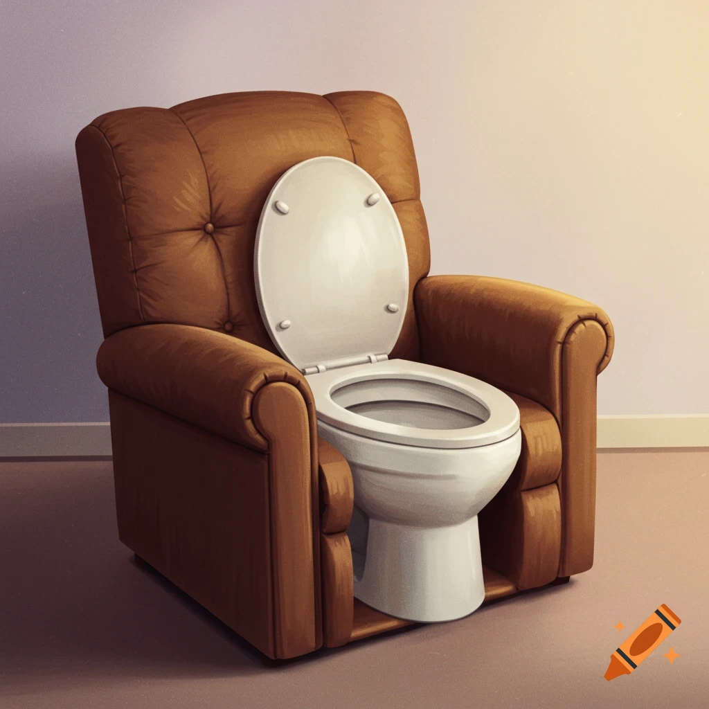 A brown leather armchair with a white toilet integrated into its seat, in an illustrative style.