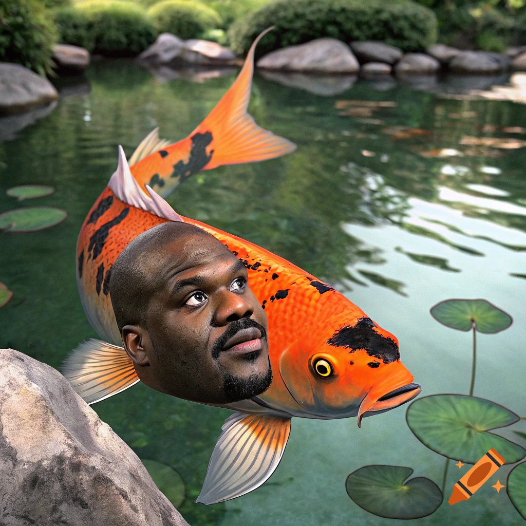 A photorealistic image of an orange and black koi fish with Shaquille O'Neal's head, swimming in a pond with lily pads.