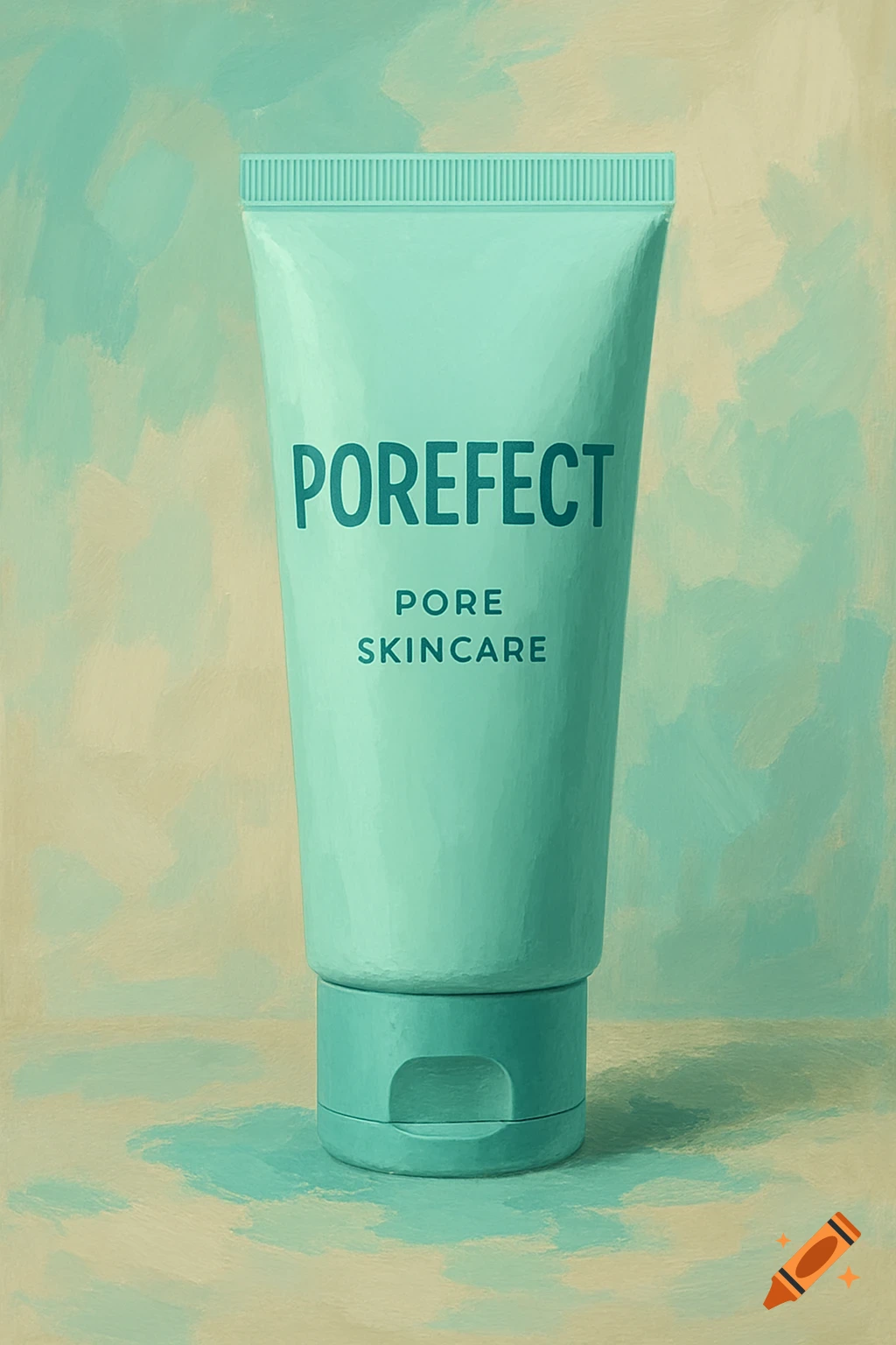A mint green 'POREFECT PORE SKINCARE' tube stands against a teal and beige painted background.