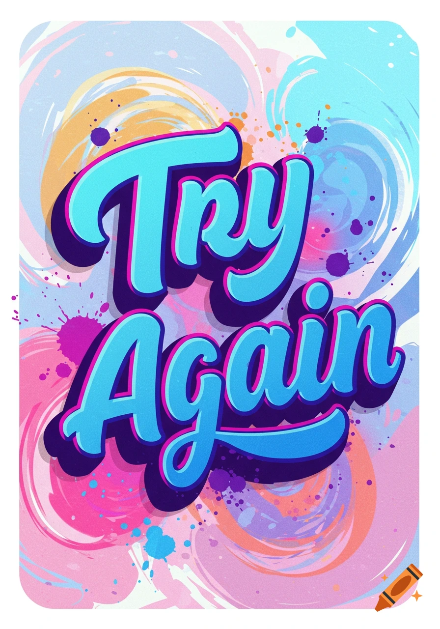 Stylized blue and purple 'Try Again' text on a vibrant, abstract background with colorful swirls and paint splatters.
