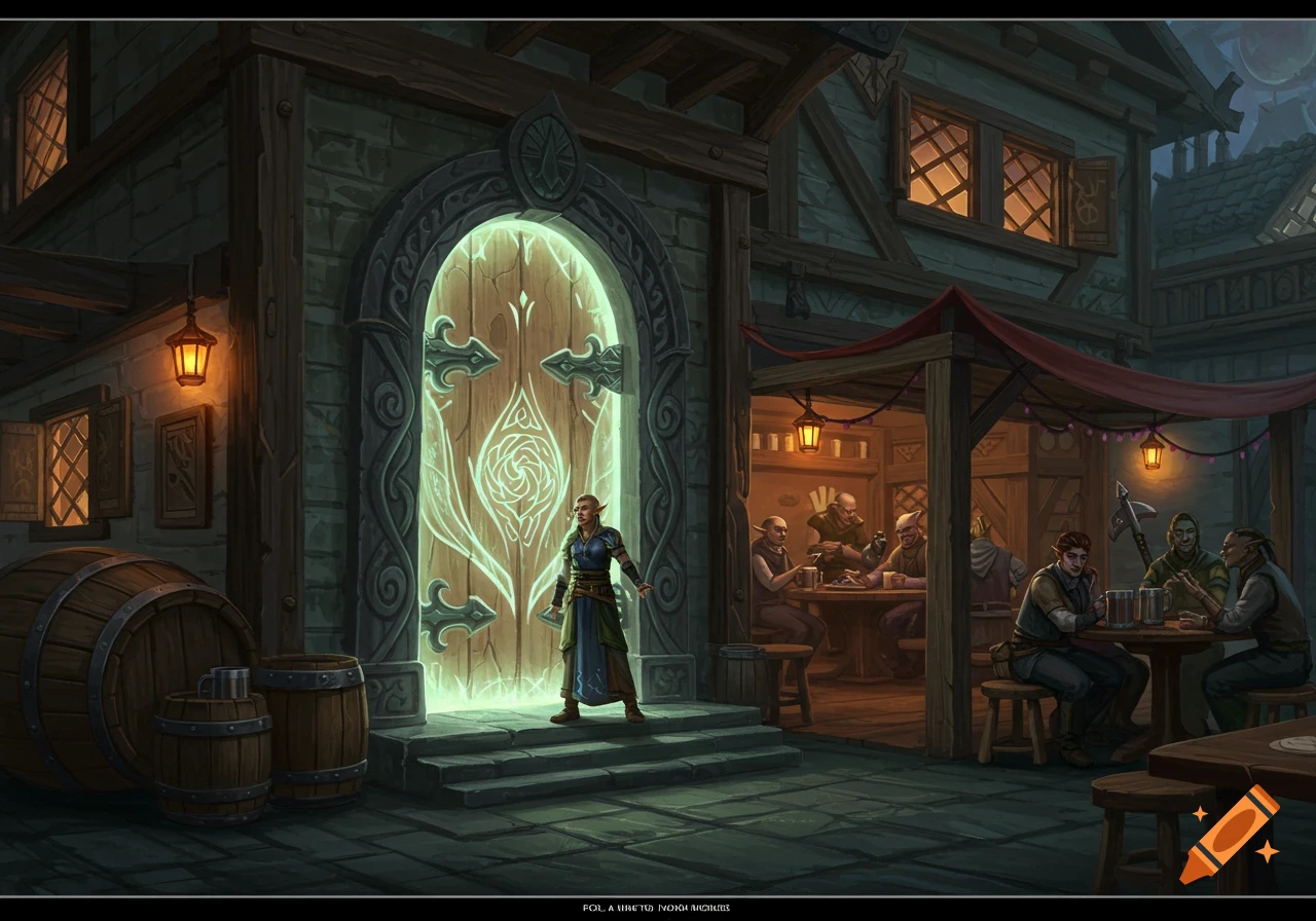 A fantasy tavern at night with a glowing magical door. An elf-like figure stands before the door, and patrons are visible inside the tavern.
