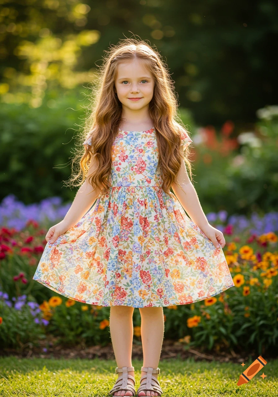 A young girl with long reddish-brown hair stands in a sunny garden, wearing a white floral dress, surrounded by colorful flowers.