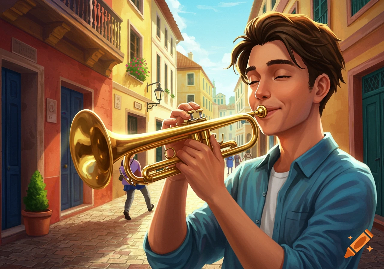 A young man with closed eyes plays a golden trumpet on a sunny street lined with colorful buildings in a cartoon style.