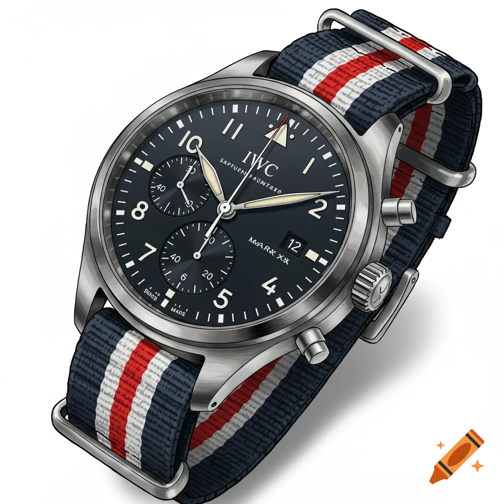 A detailed cartoon illustration of an IWC watch with a dark blue dial, white numbers, and a red, white, and blue striped NATO strap.
