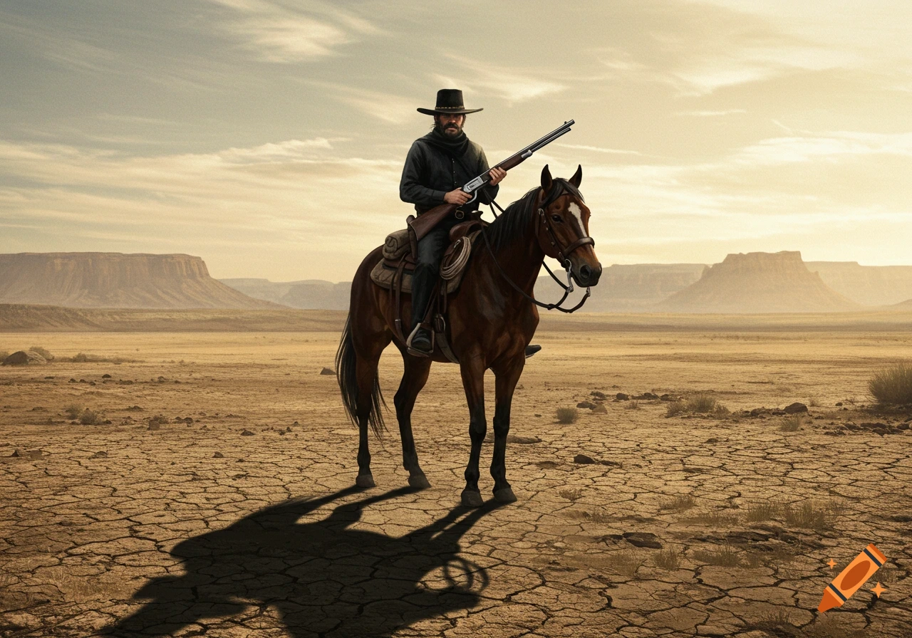 A man wearing a black hat and clothing rides a horse while holding a rifle in a dry, cracked desert landscape with mesas in the background.