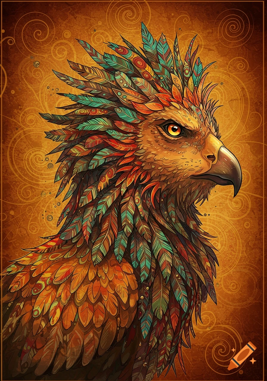 Close-up of a vibrant, stylized eagle with intricate, multi-colored feathers and bright orange eyes, against a golden, swirling background.