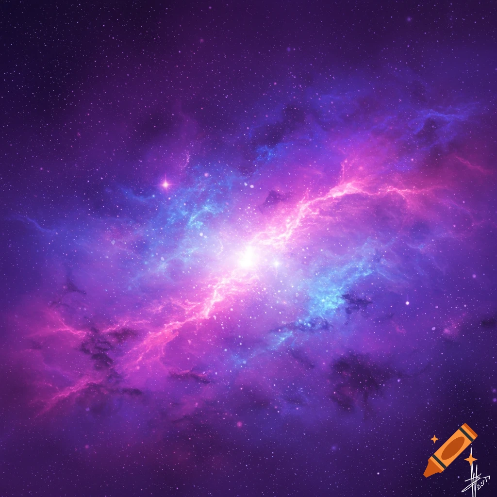 A vibrant purple and pink nebula with bright blue and white light at its center, surrounded by countless stars in deep space.