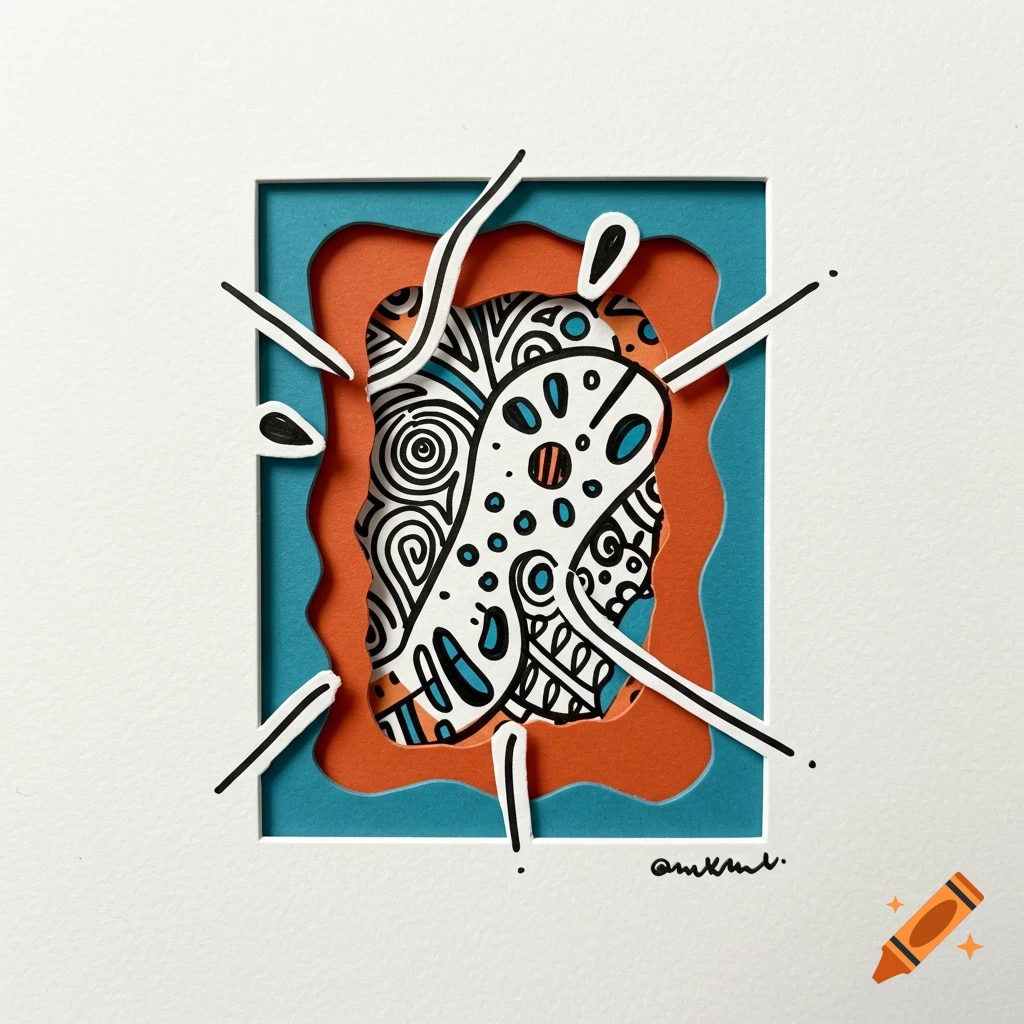 Abstract paper cut art with doodle patterns in black, white, blue, and orange.